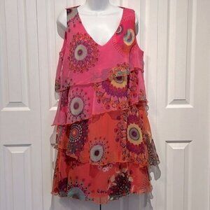 Desigual Pink V Neck Sleeveless Tiered Ruffle Lined Dress Size 44 EU  US Large